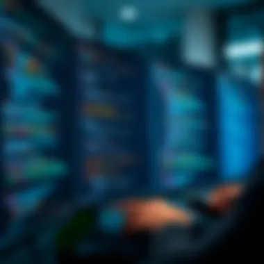 A blockchain developer analyzing complex coding on a computer screen