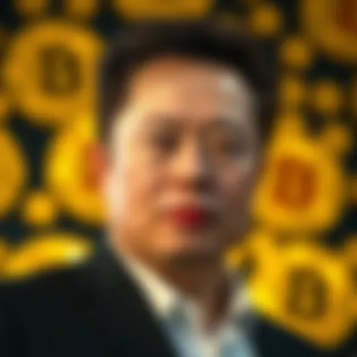 Elon Musk with cryptocurrency symbols in the background