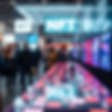 Inside the NFT Exhibition Scene in Paris A bustling NFT exhibition with innovative displays