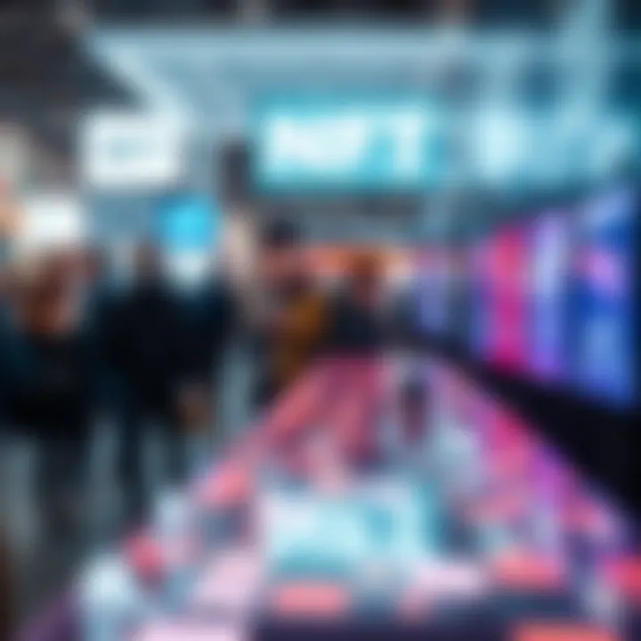 Inside the NFT Exhibition Scene in Paris A bustling NFT exhibition with innovative displays