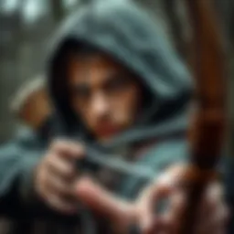 The iconic figure of Robin Hood with his bow drawn, symbolizing justice.